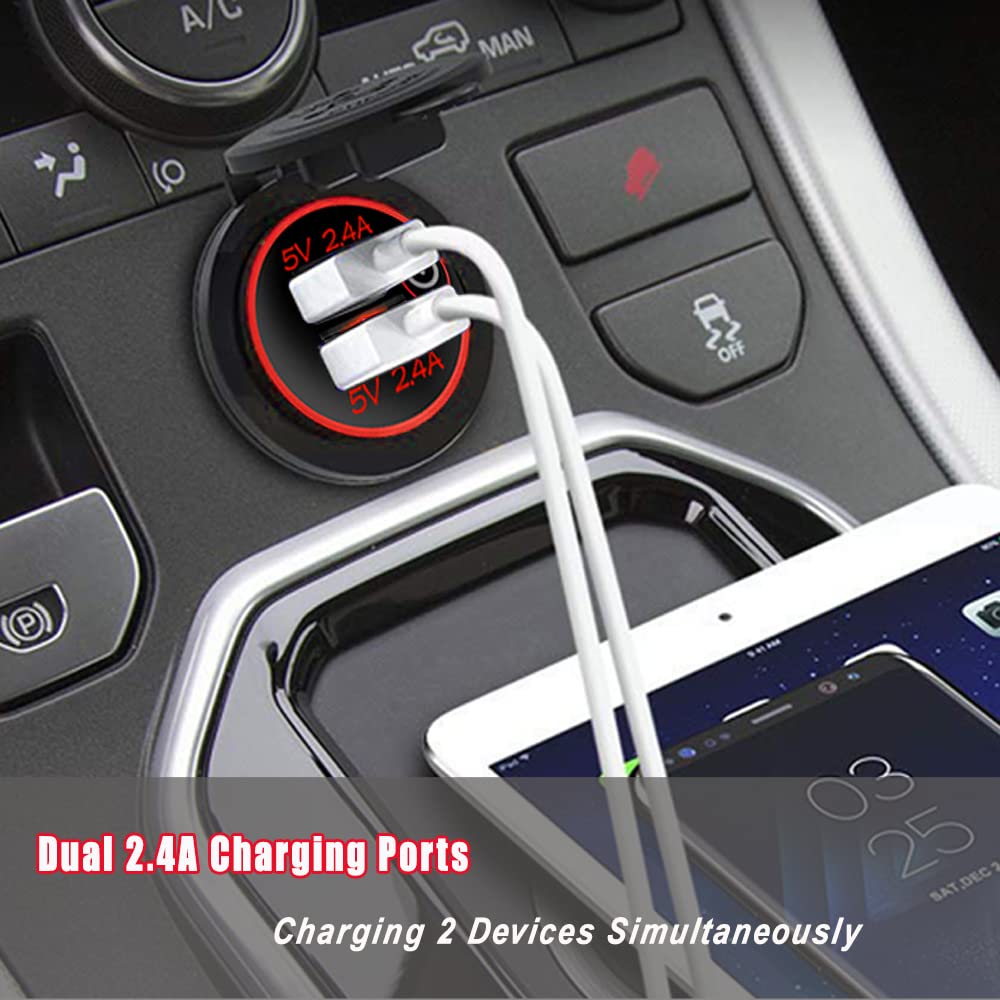 Caricabatterie Auto 12V Con Doppia Porta USB 4.8A E Interruttore Touch | Impermeabile IP66 Con LED | Per Auto, Moto, Barca, Camper