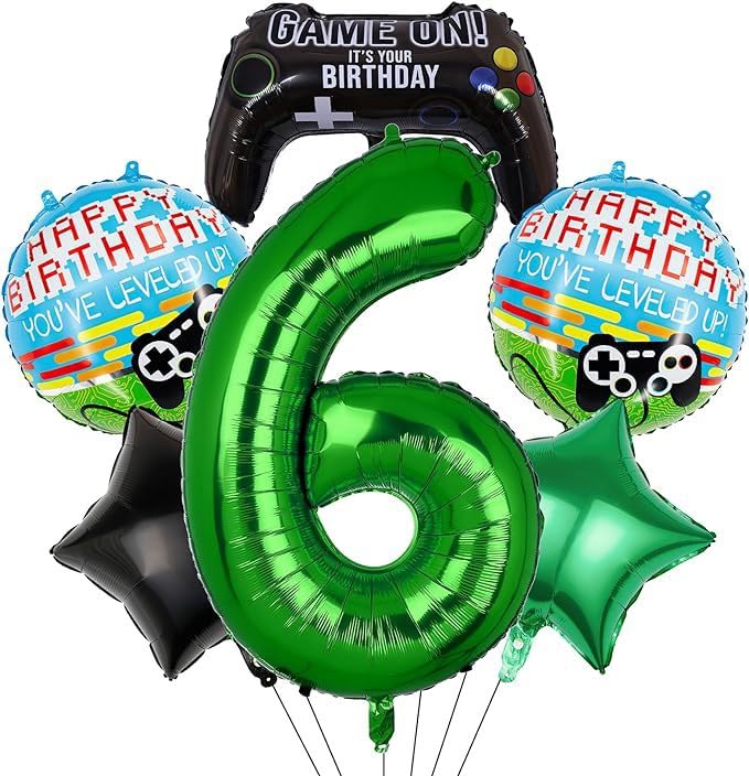 6th Birthday Decorations Boy, Gaming Birthday Decorations, 40 Inch Giant Number Balloon Set with Controller & Stars, 6pcs Theme Party Supplies for Kids Birthday Party Decorations