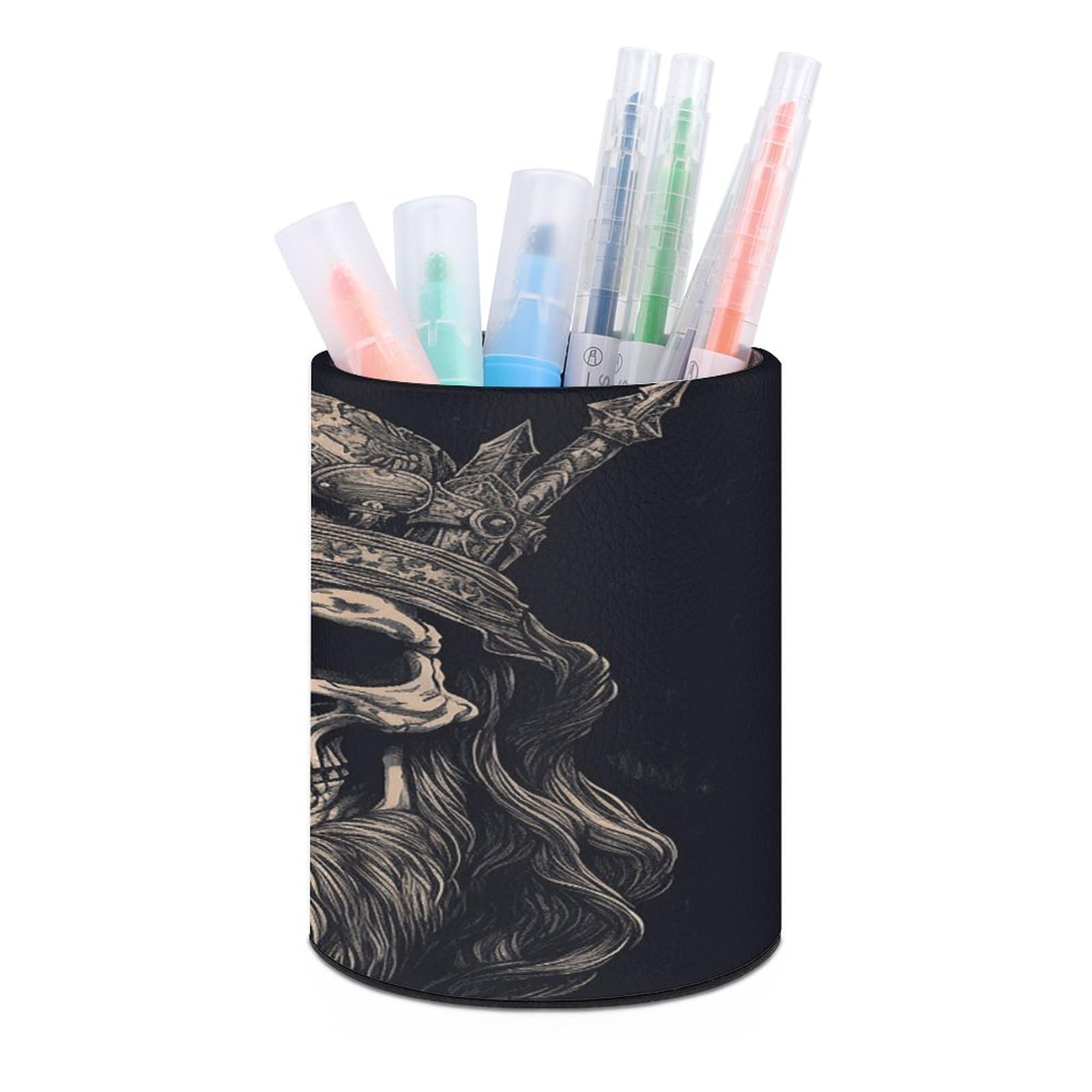 FekiLoot PU Leather Round Pen Holder Skull And Ax Pencil Holder Desk Organizer Pen Organizer Pen Cup Pencil Cup Caddy Desktop Stationery Organizers for Office Home Supplies