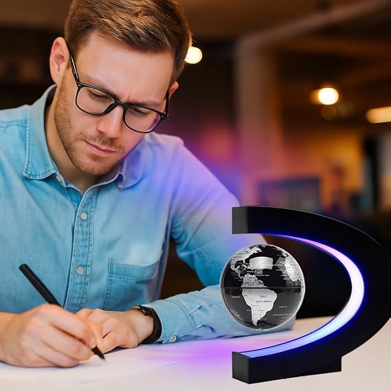 Magnetic Levitation Floating Rotating World Globe with LED Light - C Shape Anti Gravity Levitating Globe for Desk Office Decor, STEM Educational Map, Unique Tech Gift for Men Kids Boss, 3.5 Inches