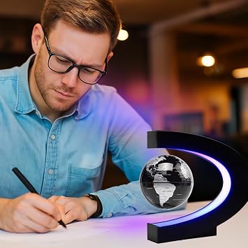 Magnetic Levitation Floating Rotating World Globe with LED Light - C Shape Anti Gravity Levitating Globe for Desk Office Decor, STEM Educational Map, Unique Tech Gift for Men Kids Boss, 3.5 Inches
