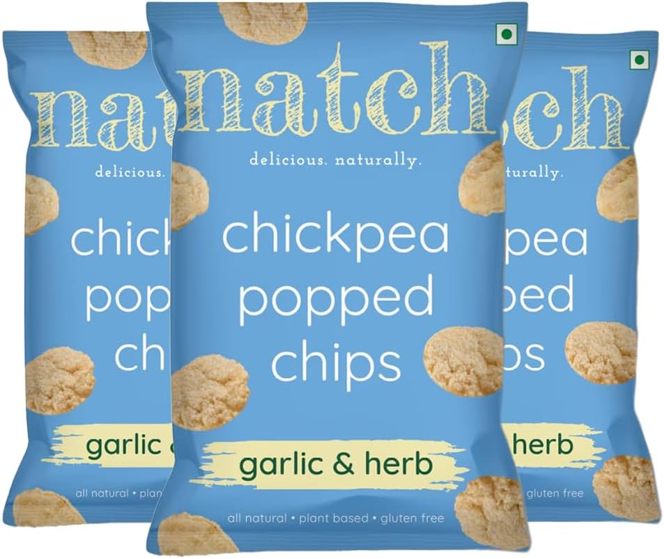 - Natch Chickpea Popped Protein Chips, Healthy Snacks, Low Calorie, Not Fried Not Baked, Vegan, Gluten Free, Rich in Fiber, Garlic & Herb Flavour, 55gm each (Pack of 3)
