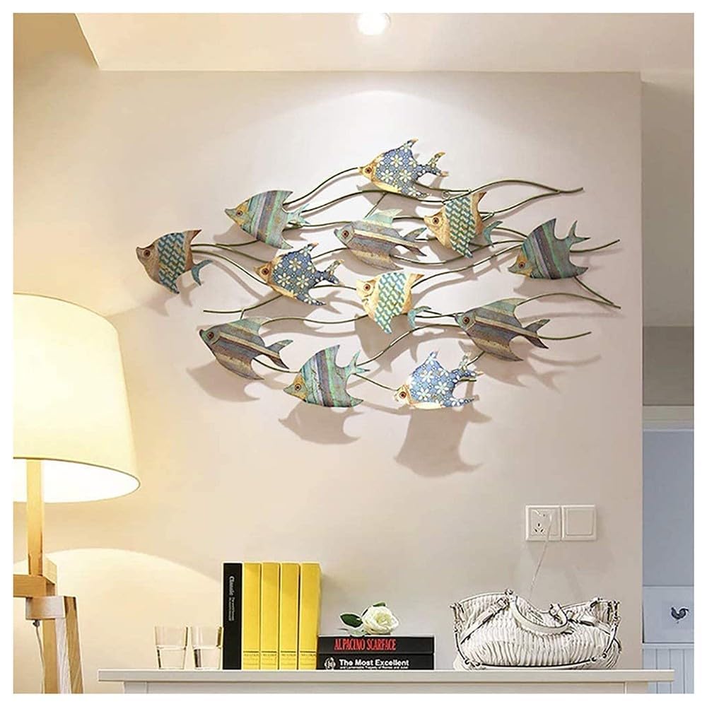 YAIUNHIQ Metal Fish 3D Wall Sculpture School of Fish Wrought Iron Marine Wall Decoration for Home Garden Bedroom