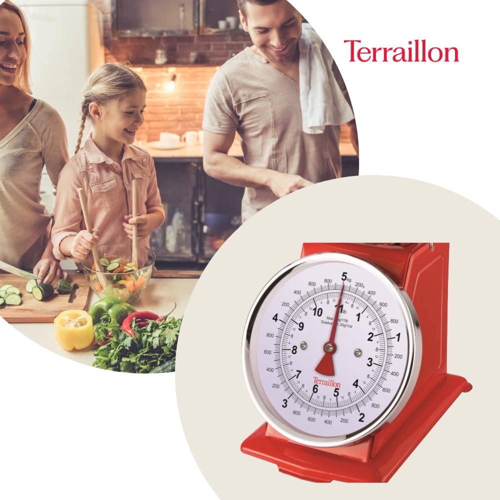 Terraillon - Balanza de Cocina Vintage - Tara Manual, Esfera Grande y Bol de 1L, Capacidad 5 kg - 'Tradition 500' Modelo Rojo