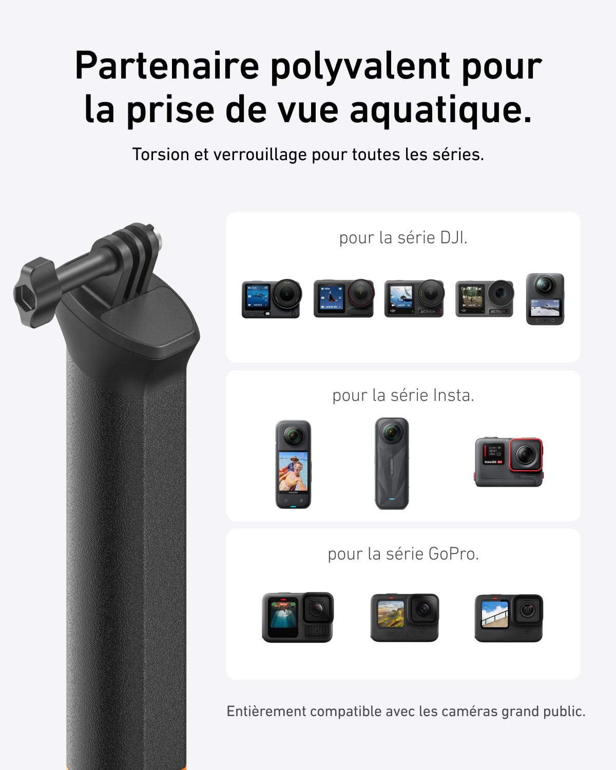 TELESIN Poignée Flottante 2.0 pour DJI Osmo Action 5 Pro/4/3, Bâton Selfie Étanche sous l’Eau, Compatible avec GoPro Hero 13 et Insta360 Caméras Action