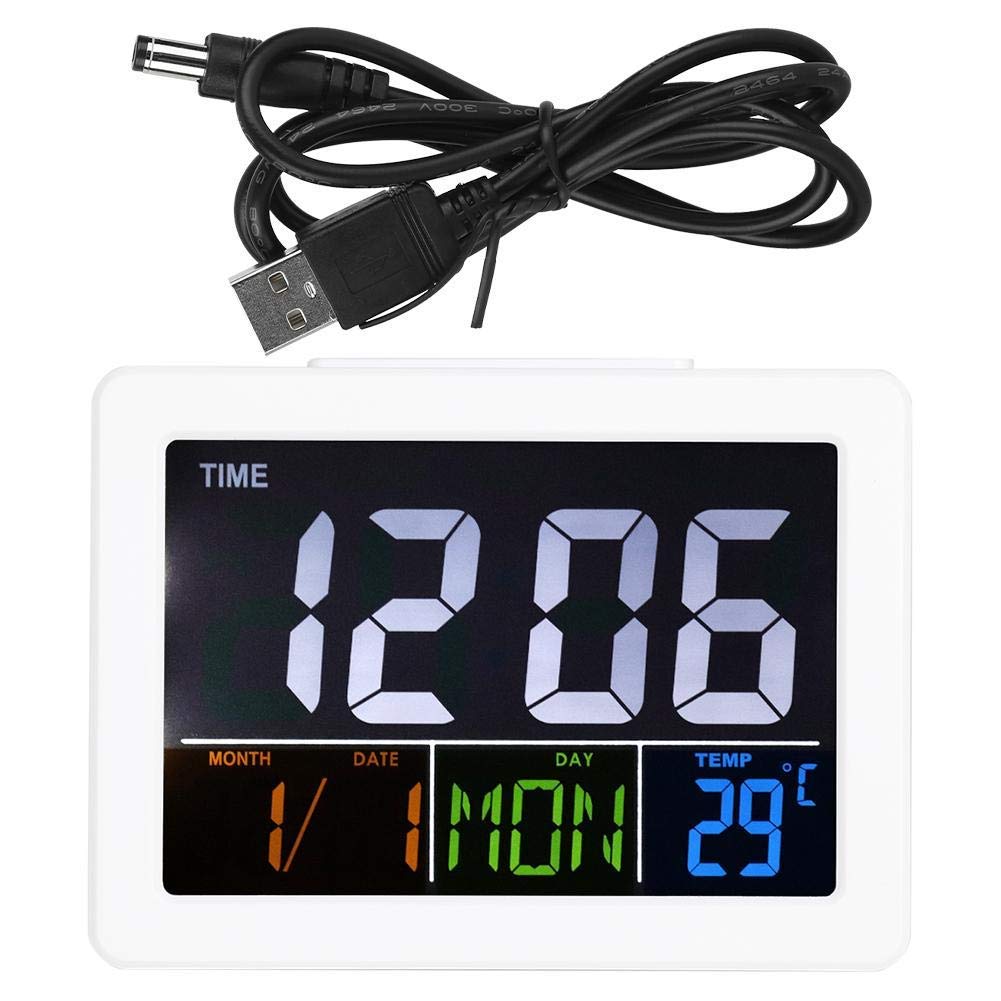 Atyhao White Alarm Clock, Lcd Digital Alarm Clock Student Large Screen Time Temperature Display