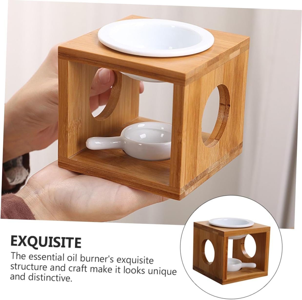 OUNONA Ceramic Aroma Burner Candle Holder Set Wooden Frame Essential Oil Fragrance Lamp for Home Decor 2 Piece