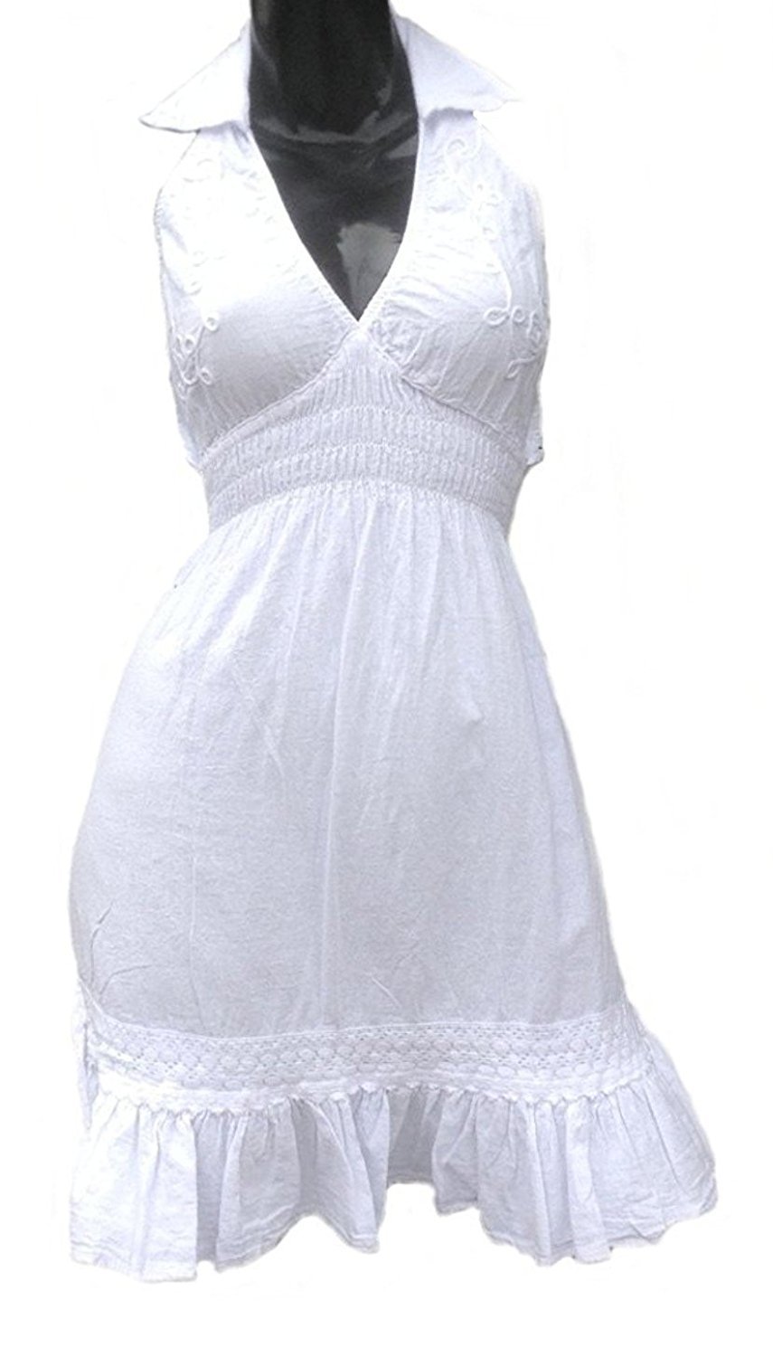 Vestido de verano blanco hasta la rodilla para mujer vestido de verano ecológico Pima algodón orgánico 32-42, Blanco, 44