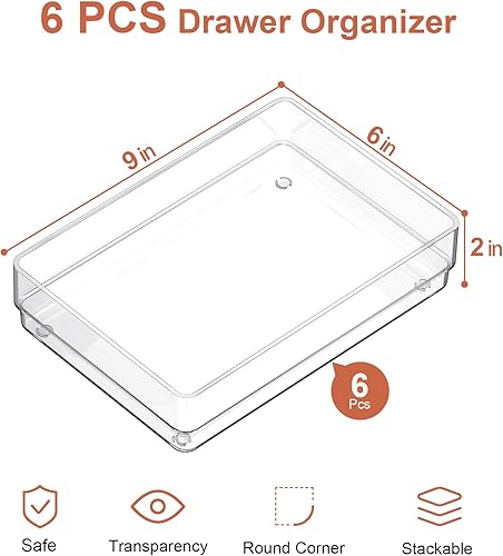 Miniatura 2 de SMARTAKE Juego de 6 organizadores de cajones de plástico transparente, organizador de cajones de escritorio antideslizante de gran tamaño, bandejas