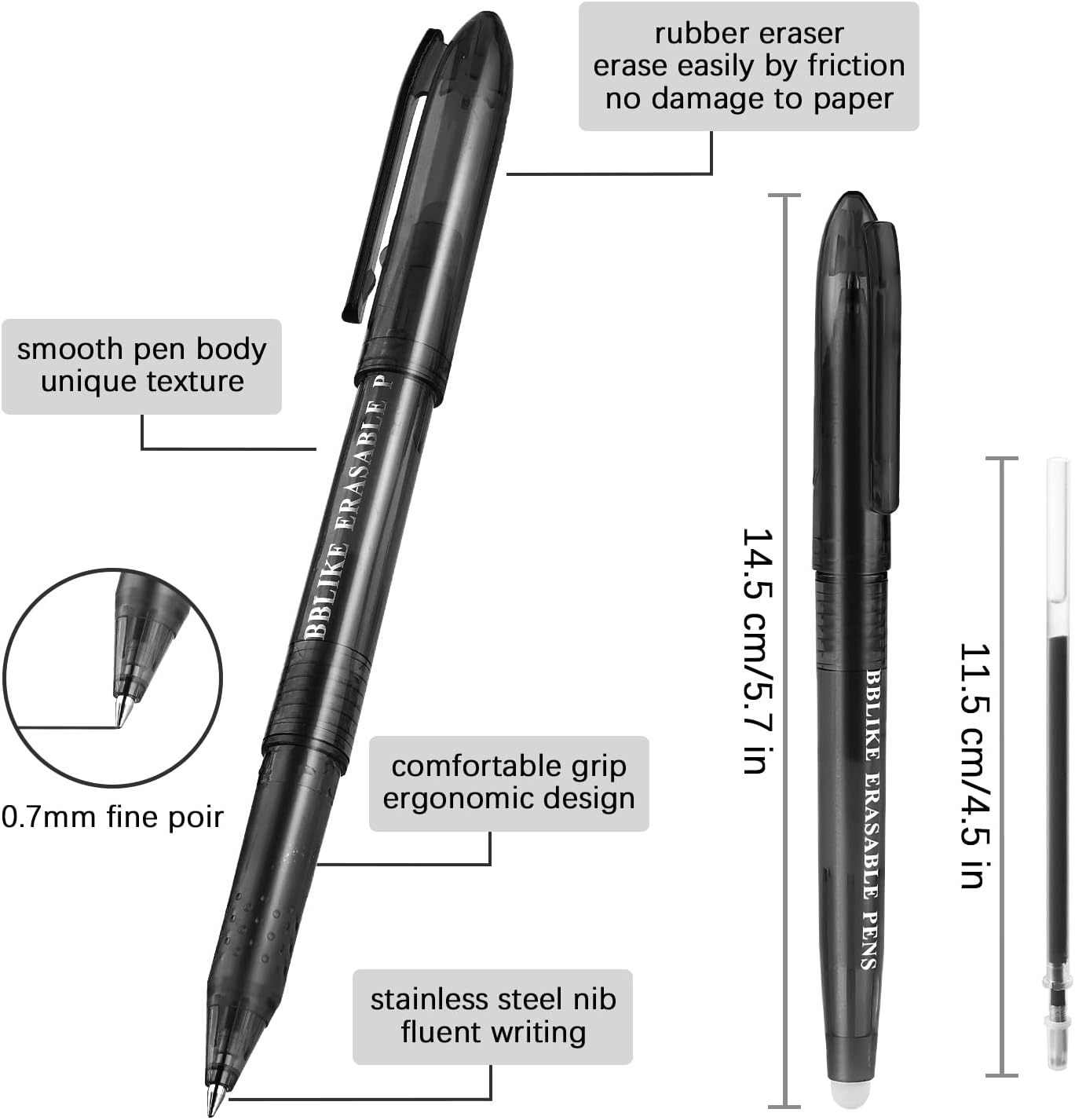 BBLIKE Erasable Pens, 12 Pcs Black Rub Out Pens and 20 Refills, 0.7mm Rubber Rollerball Pen, Pen with Eraser on the End - Image 3