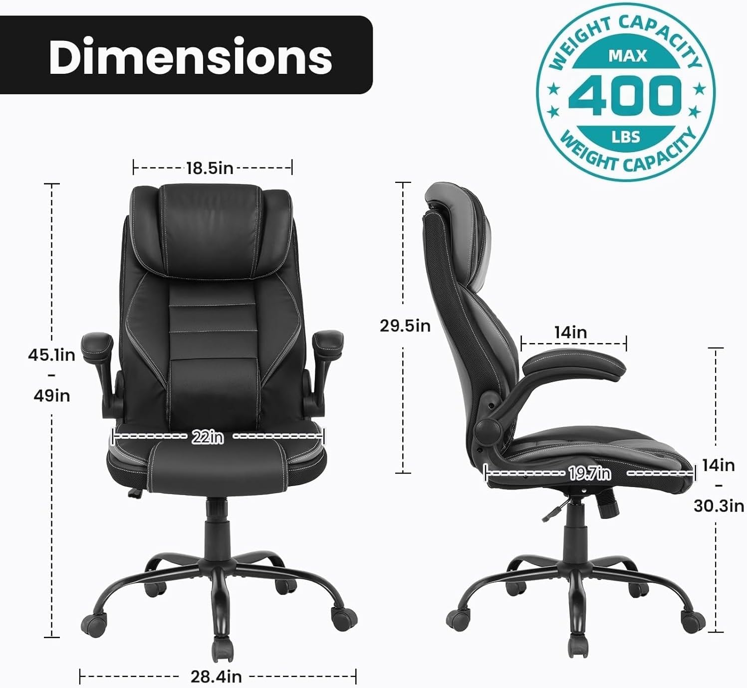 Big and Tall Executive Office Chair 400lbs for Heavy People, Ergonomic Computer Desk Chair with Lumbar Support & Adjustable Headrest, Comfy High Back Leather Office Chairs for Back Pain Relief, Grey