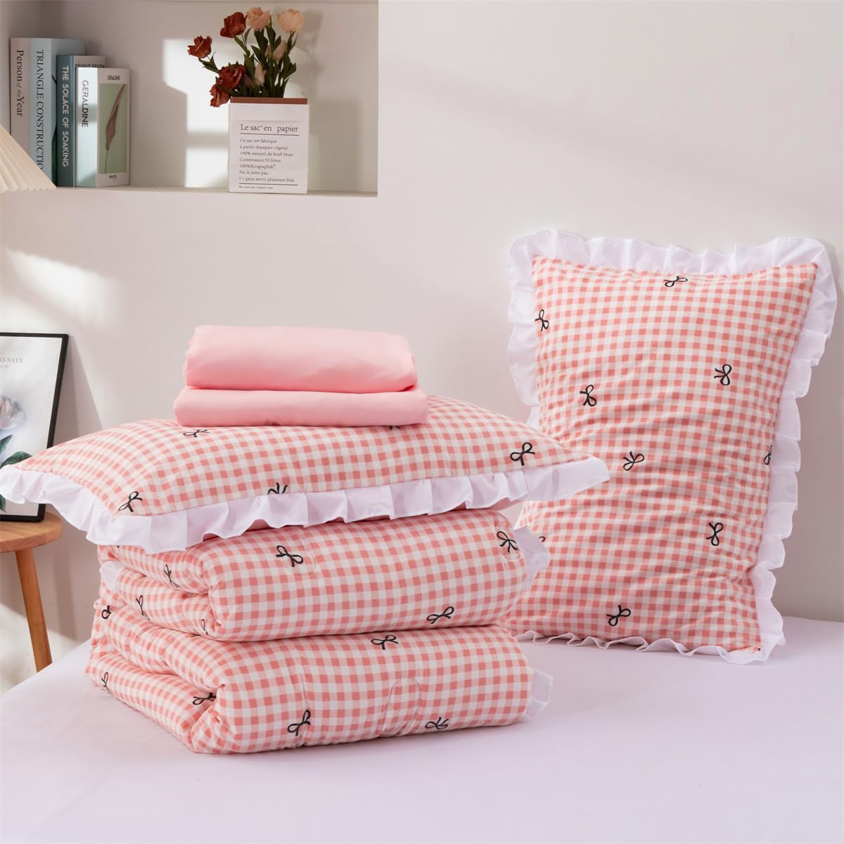 NTBED Twin Gingham Kids Comforter Set for Girls,Pink Plaid Farmhouse Ruffled Bedding Sets,5 Pieces Checkered Bow Bed in a Bag