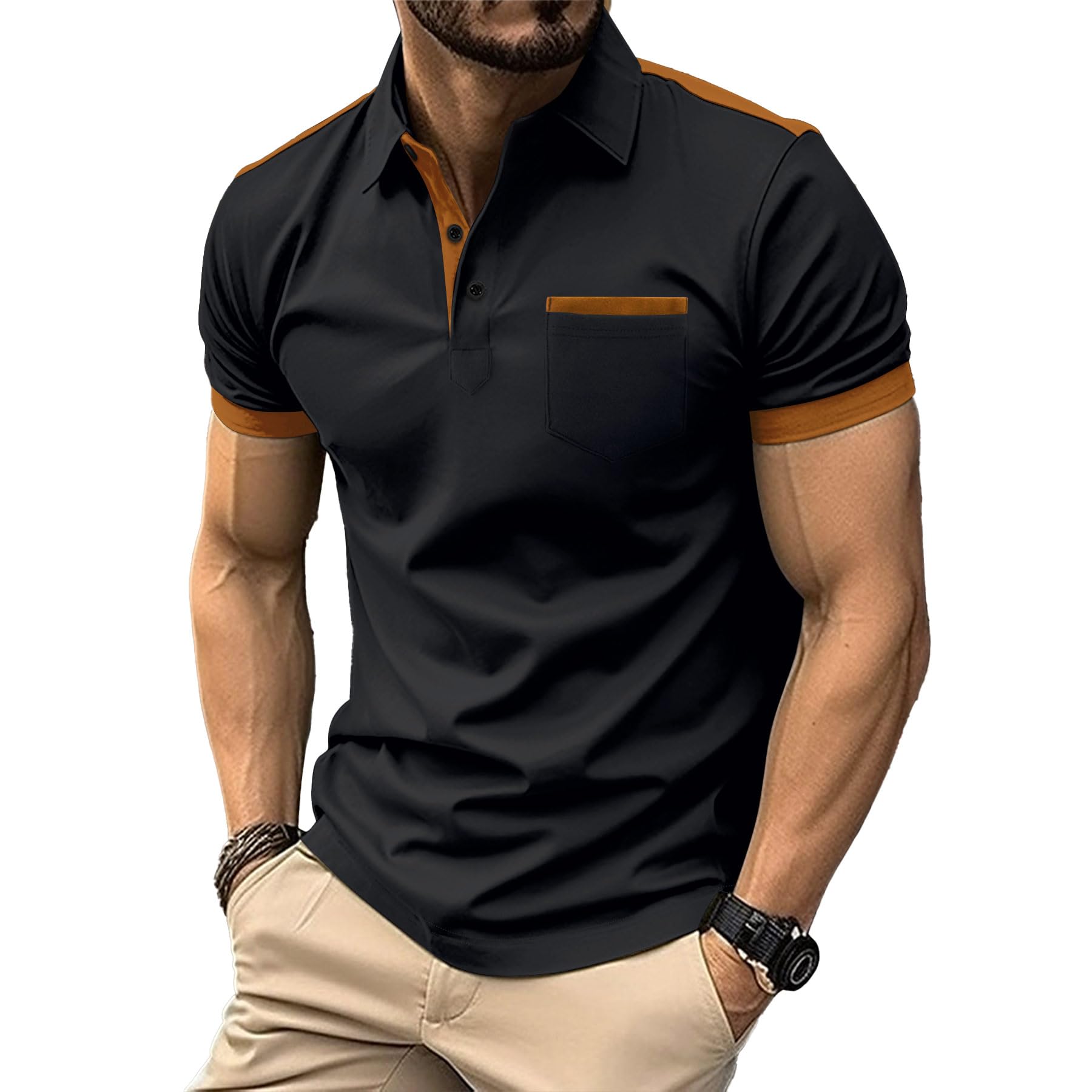 Mens Casual Polo Shirts Short Sleeve Button Golf Slim Fit Shirt with Pocket & Collar Lightweight Spring Summer Stylish Tops
