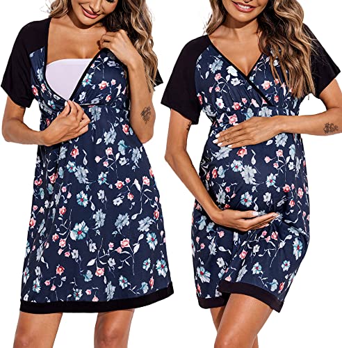 Image of Ekouaer Women's Maternity Breastfeeding Dress Nursing Nightgown Pregnancy Soft Breastfeeding Dress Floral Blue M