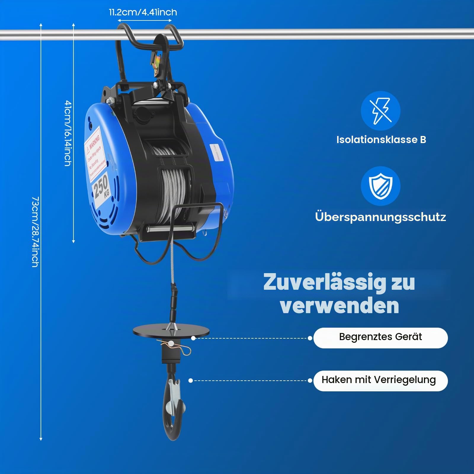 Seilwinde Elektrisch 250KG, 1500W 230V Seilzug Elektrisch | mit Kabellose Fernbedienung, Hebehöhe 29m, Hubgeschwindigkeit 19m/min, IP40 Hebezug für die Landwirtschaft, Fabriken, Docks
