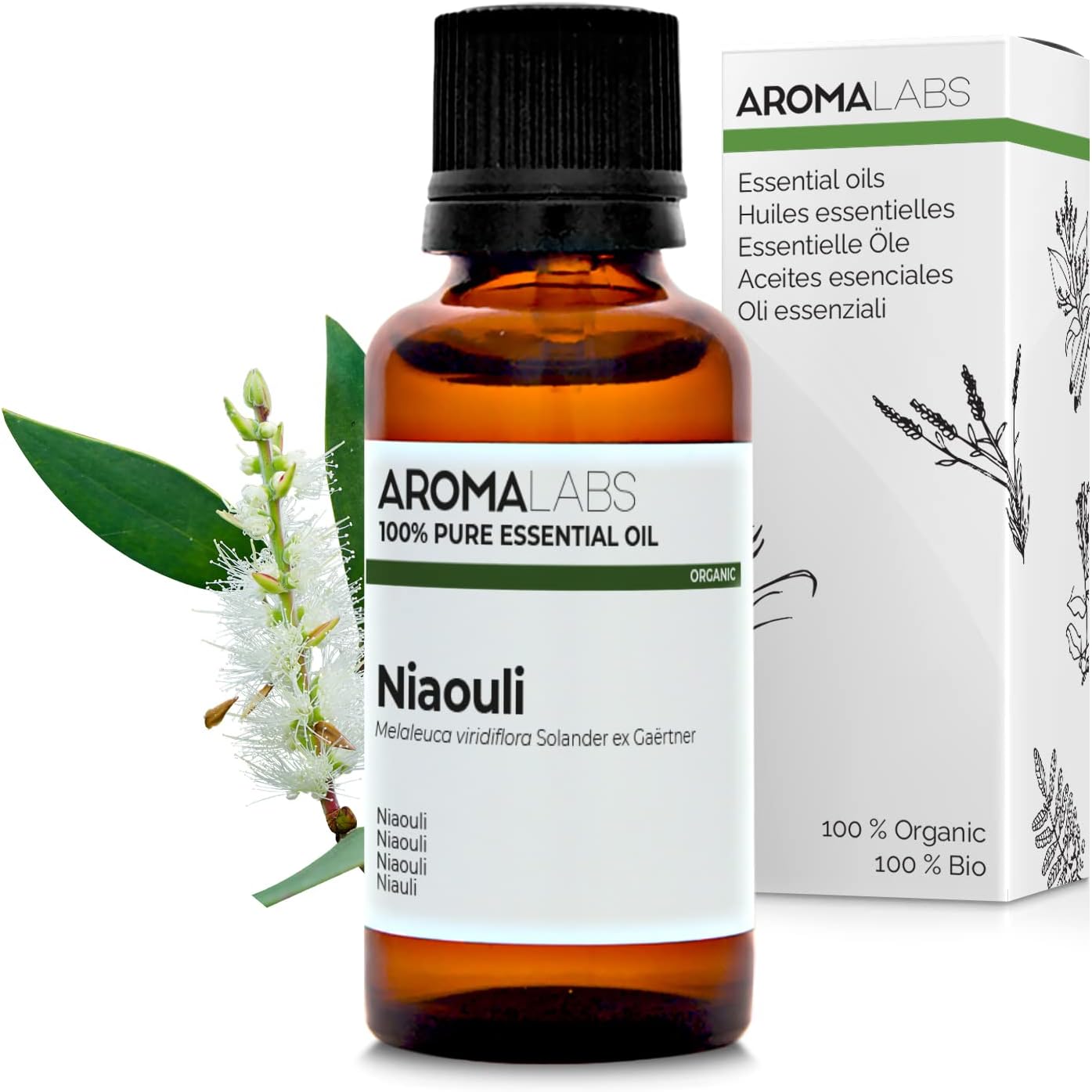 Aroma Labs - Niaouli Essential Oil - Ecocert Organic Certification - 100% Pure, Natural, Uncut - Guaranteed Chemotype and Biochemical Composition - Eco-Friendly Packaging Made in France - 30ml