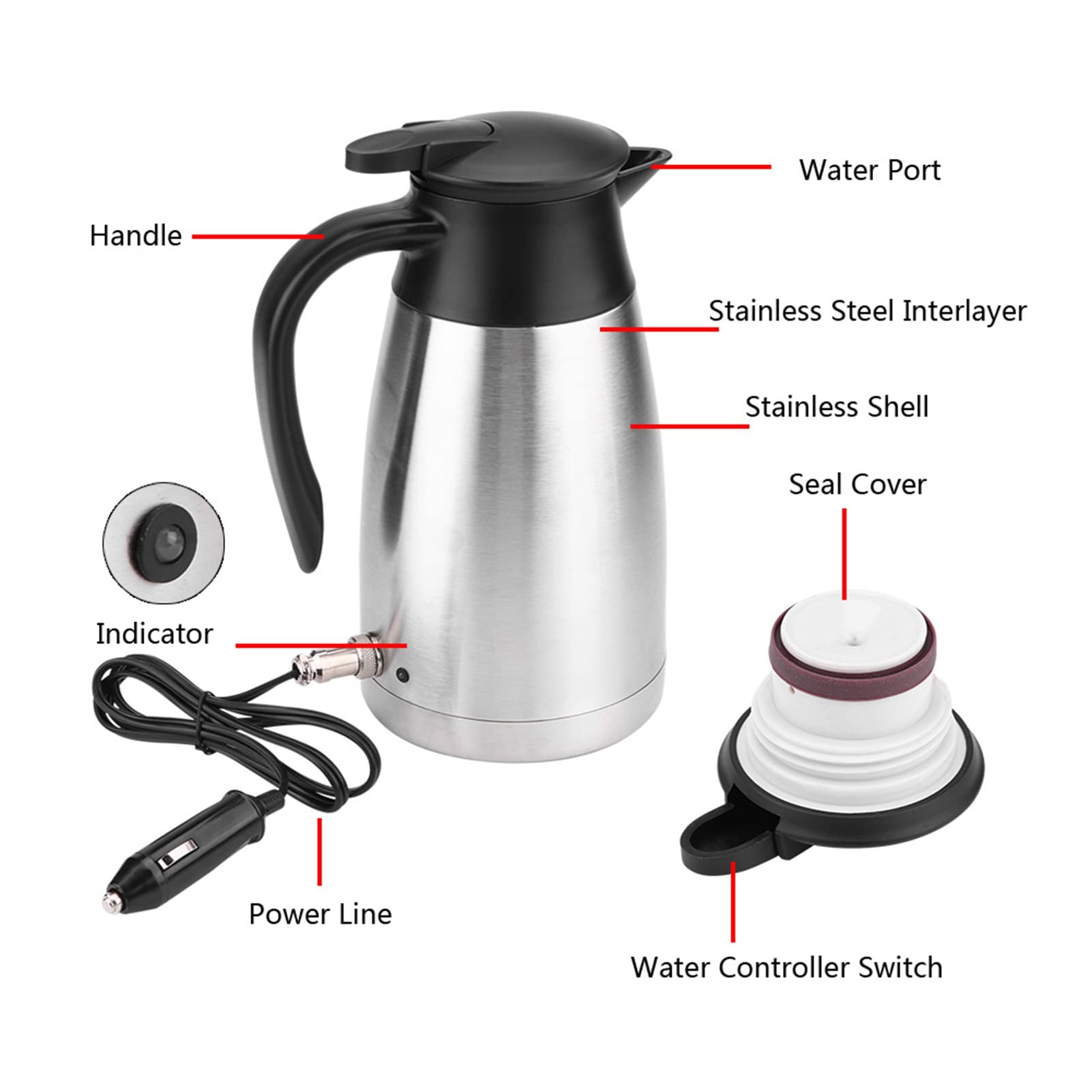 Bouilloire Électrique, 1000ML 12V/24V en Acier Inoxydable Bouilloire électrique Thermos Bouteille d'eau Chauffante pour Voiture Voyage