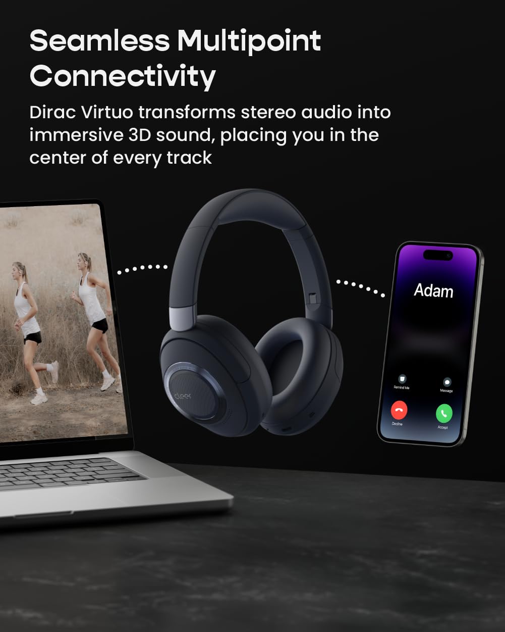 Cleer, Audio, Casque Bluetooth à réduction de Bruit Alpha, Microphone, Commandes tactiles extérieures, Autonomie de 35 Heures, Bleu Nuit