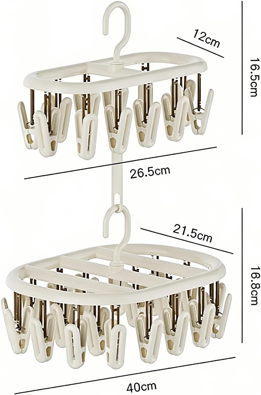 Clothes Drying Rack with Clips, 2 Pack Portable Plastic Drying Rack with 20 Clips & 360° Rotatable Hook, Stackable Small Clothes Drying Racks for Socks Bras Underwear