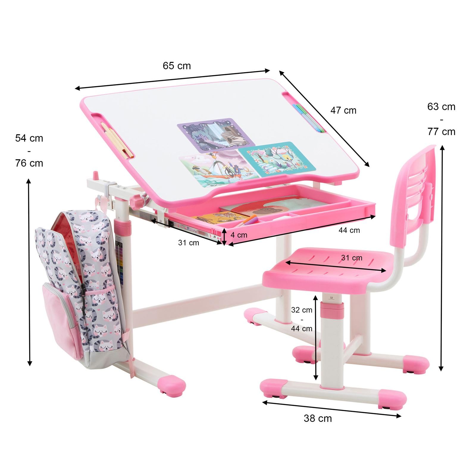 Kinderschreibtisch mit Stuhl TUTTO in weiß/rosa höhenverstellbar und neigbar mit Schublade und Stifterinne, Schreibtisch höhenverstellbar für Kinder, Tisch mit neigbarer Arbeitsfläche mit Rucksackhalt
