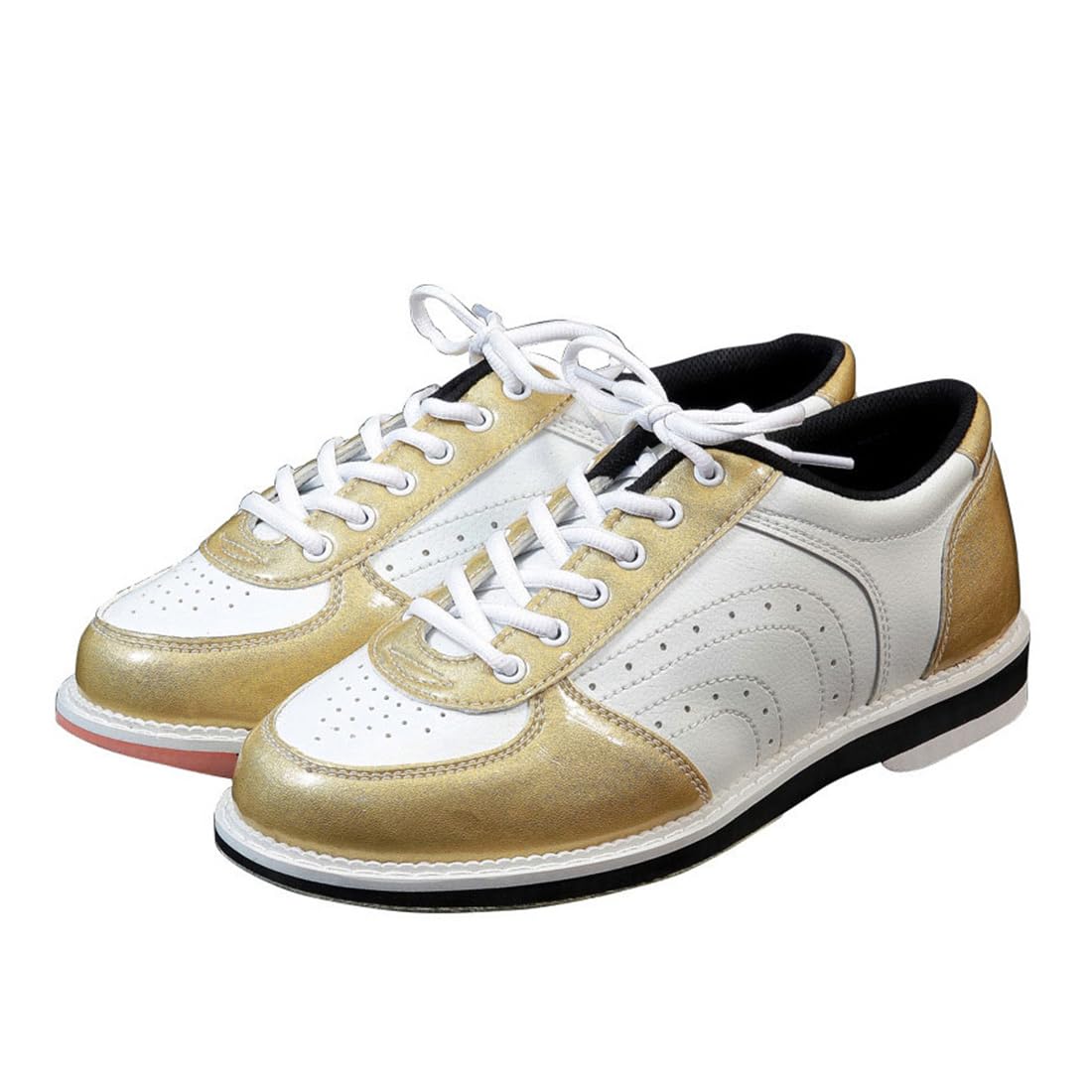 VEACAM Men's Bowling Shoes,Lace-Up Bowl Athletic Shoes with Flexslide Casual Leather Bowlers Sneakers,Gold,8