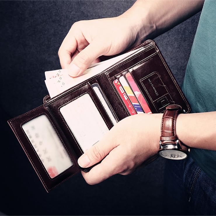 Luxury Men Wallet Genuine Cow Leather Male RFID Trifold Short Purse For Men with ID Window and Credit Card Holder (Black)3