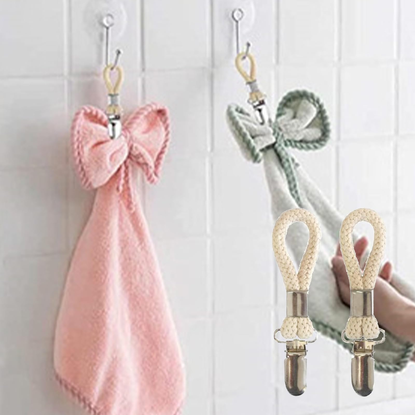 Pinces à Serviettes Avec Passant - Lot De 2, Corde Coton & Fer, Style Rustique Beige