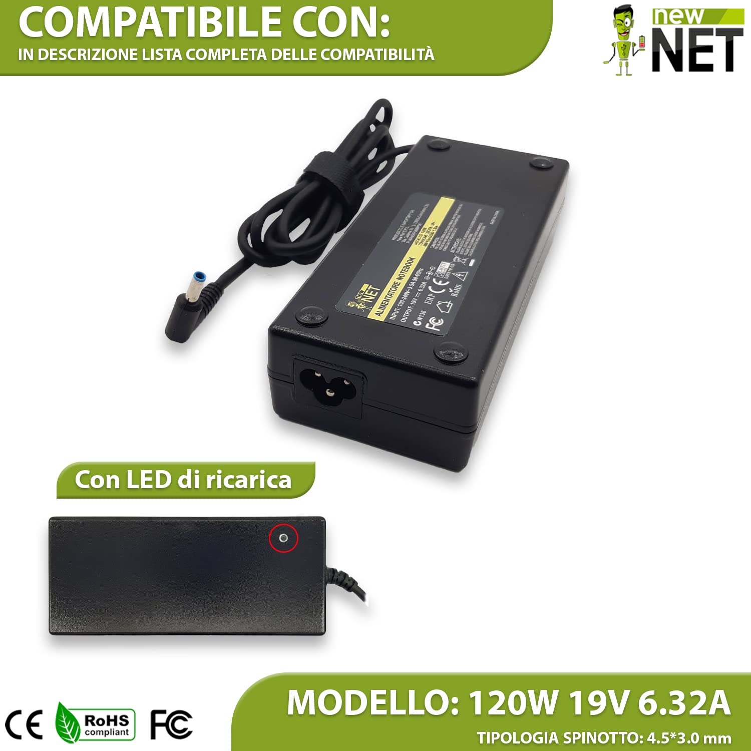 New Net Alimentatore - Caricatore Caricabatteria compatibile con Notebook ASUS ROG g501 g501j g501V [ 19V 6.32A 120W - 4.5 x 3.0 mm ]