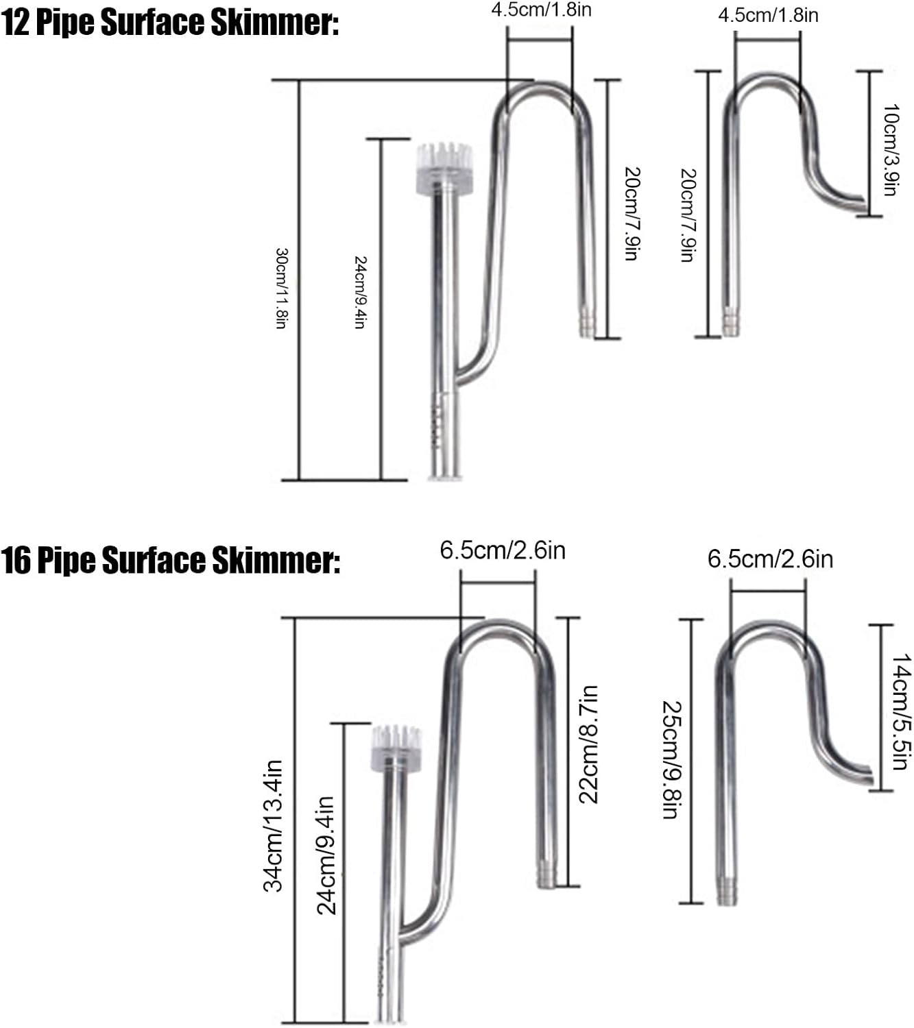 Fish Tank Stainless Steel Pipe Surface Skimmer Aquarium Inflow and Outflow Aquarium Removes Scum 12 and 16 Pipe Set