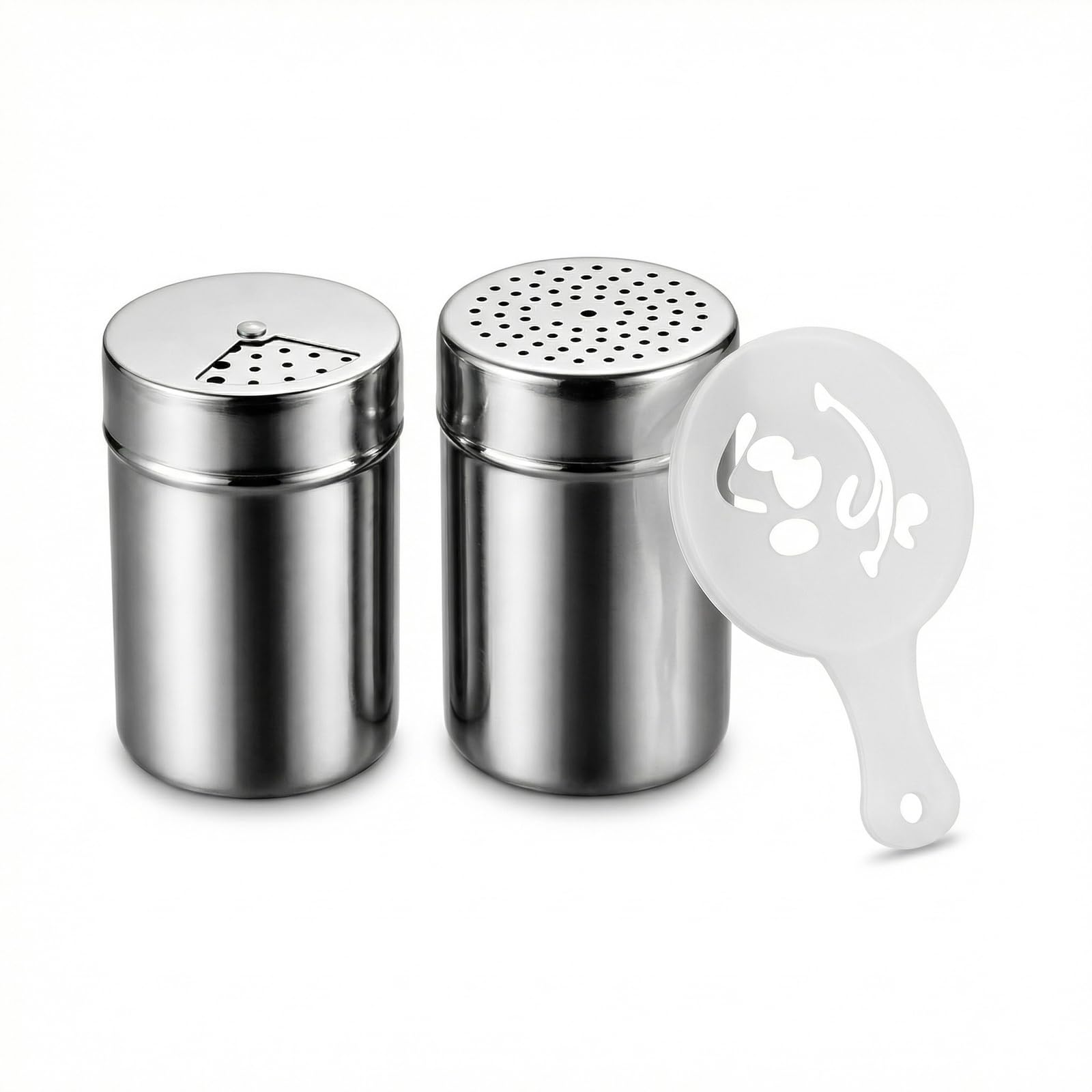 Set Da 2 Spargizucchero, Spargitori In Acciaio Inossidabile Con Coperchio, Con Set Di 16 Stencil In Plastica (16 Diversi Motivi Stampati), Adatto Per Pasticceria, Caffè, Cucina