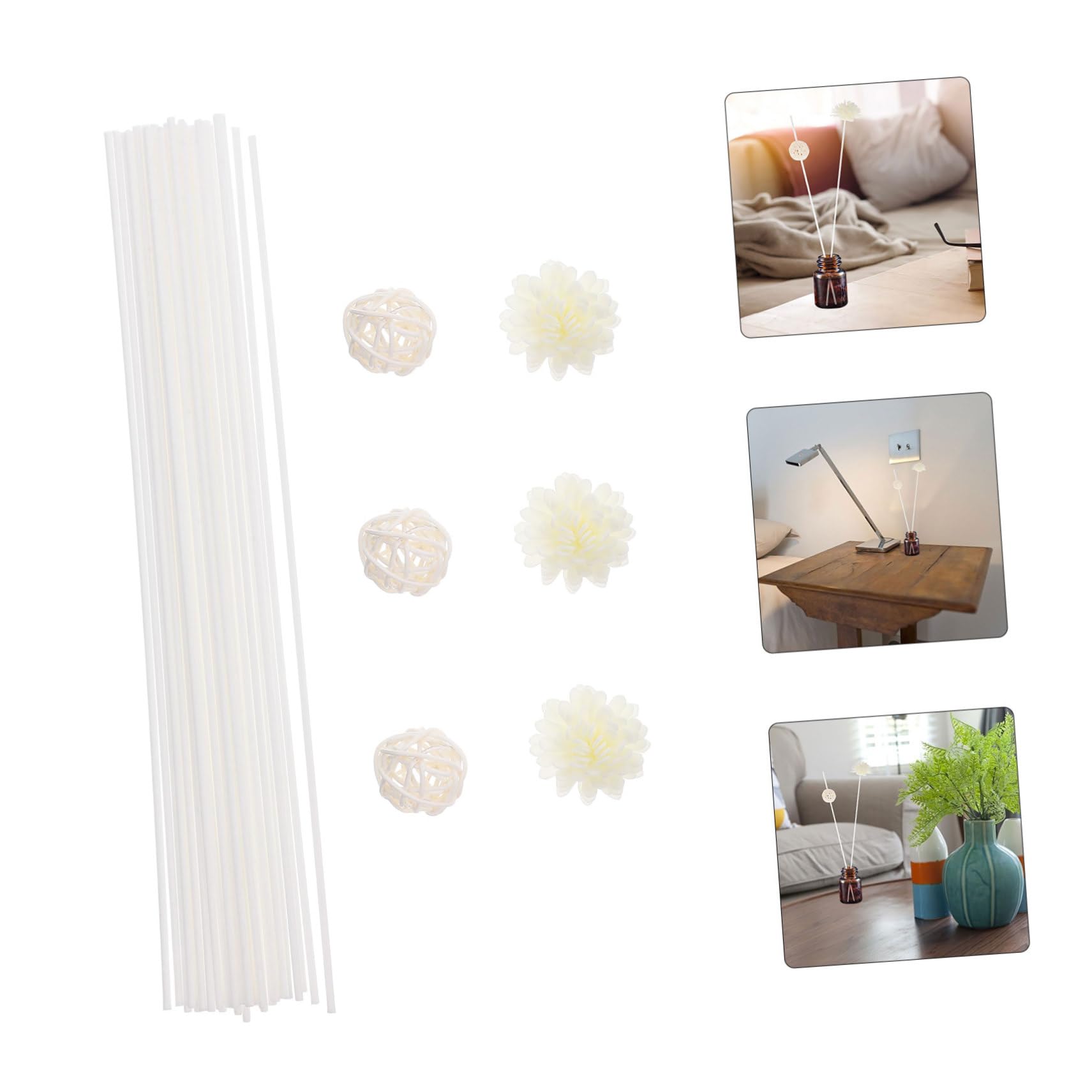 VALICLUD Bâtonnets Diffuseurs de Parfum D’Ambiance 30 Pièces Blanc, Bâtonnet en Rotin Fleurs Artificielles PE, Diffuseur Aromathérapie Longue Durée, Maison Été Salon Chambre Bureau
