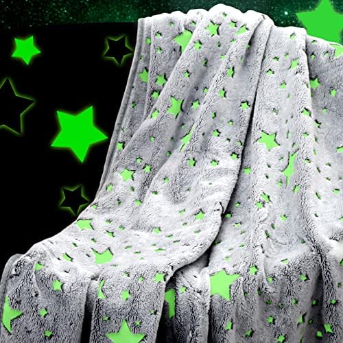 Glow in The Dark Throw Blanket for Kids, Premium Super Soft Stars Pattern Fluffy Plush Furry Blanket, Halloween Blanket 50" x 60" Gray