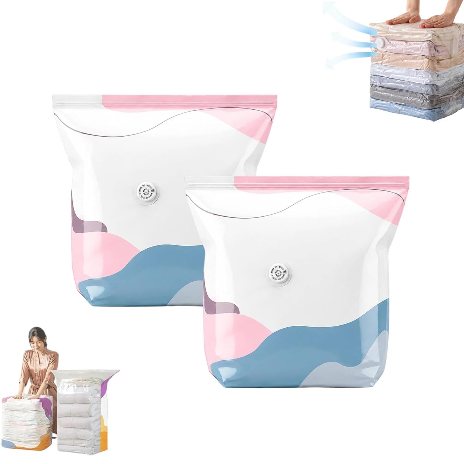 No‑Pump Vacuum Storage Bags, Press & Seal Large Cube Vacuum Seal Bags,Space Saving Self Compression Organizer For Clothes,Comforters，Blankets,Bedding(S*2)