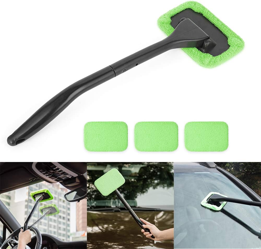 Windshield Cleaner Tool Car Windscreen Cleaner Car Window Cleaner Auto Window Glass Cleaning Brushes with Detachable Handle, 3PCS Microfiber Pads
