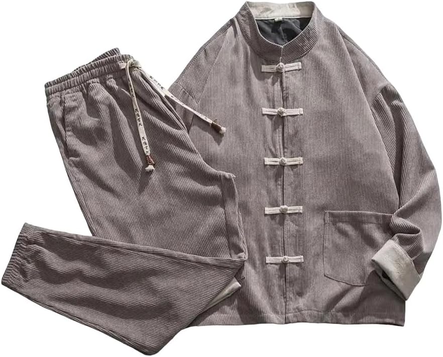 Men's Chinese Style Tracksuit Spring Two Piece Set Casual Tang Suit Long Sleeve Coat Wide Leg Pants