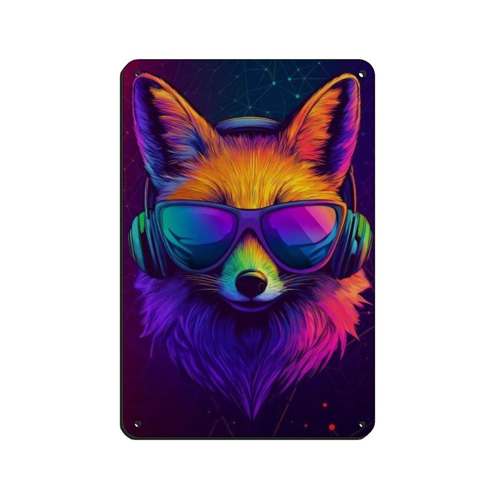 Vibrant Fox Headphones Art,Cool Fox Neon Tin Sign Vintage Metal Pub Club Cafe Bar Home Wall Art Decoration Poster Retro 8x12inch(20x30cm)