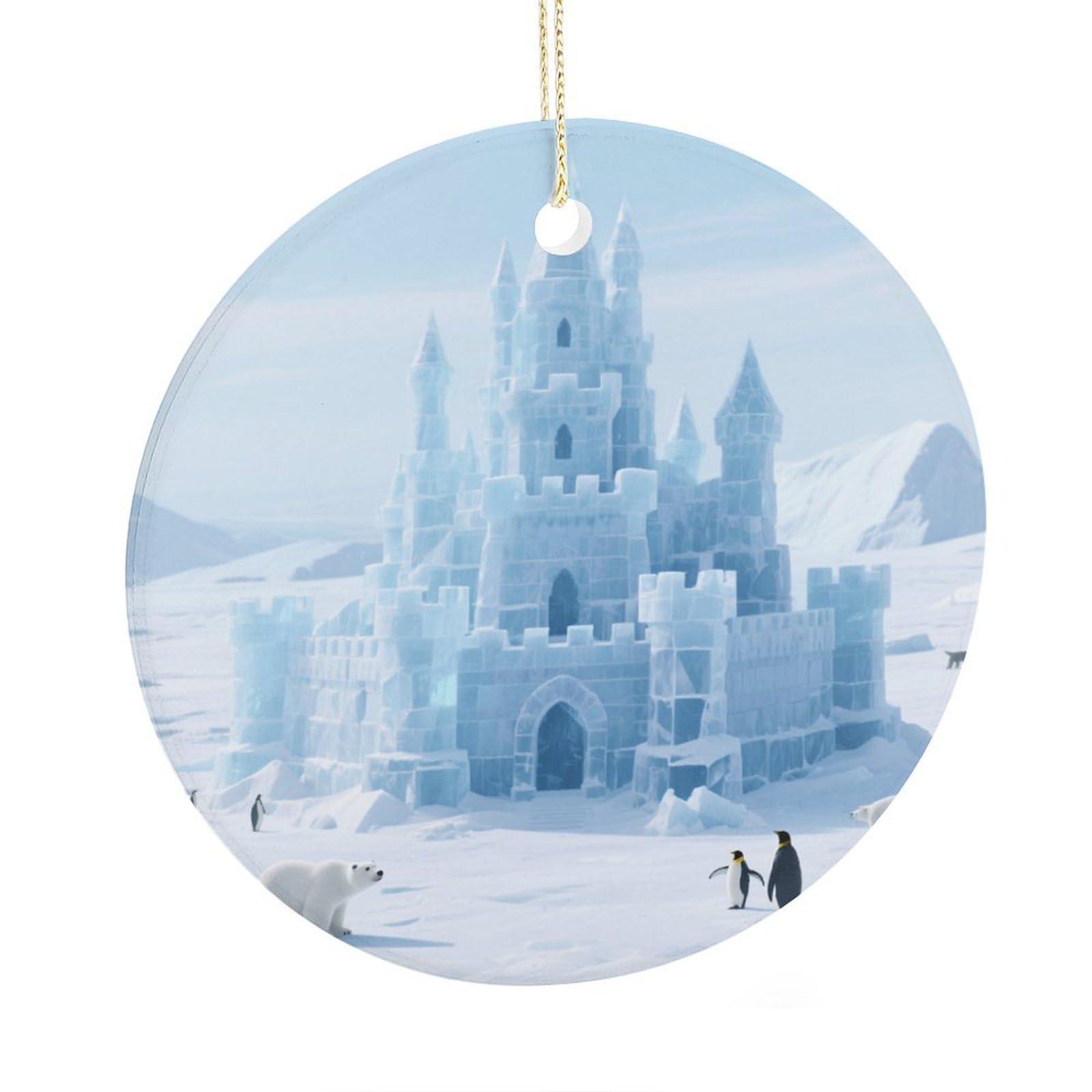 Fekiloot Style Ice And Snow Castle Icefield Christmas Ornaments 2.9 Inch Round Ceramic Ornament Keepsake Thank You Gifts For Office, Room, Home - Holiday Present Ideas
