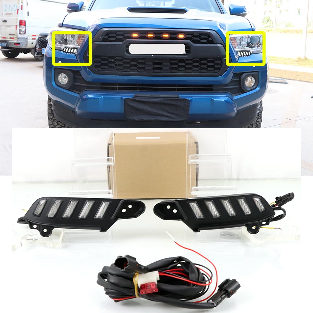 ECAHAYAKU White/Amber LED Front Bumper Fog Light Fit For Toyota Tacoma 2016-2023 Daytime Running Light With Amber Sequential Turn Signal light