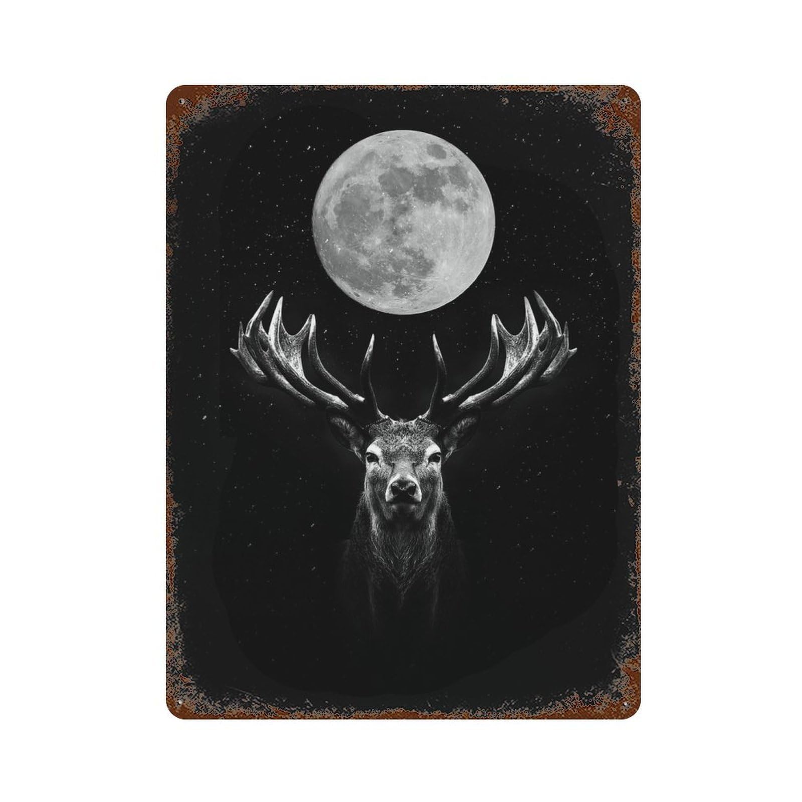 Vintage Rust Metal Sign Moon Deer Wallpaper 15.7"x11.8", Novelty Wall Decor for Office, Studio And Wall Decor