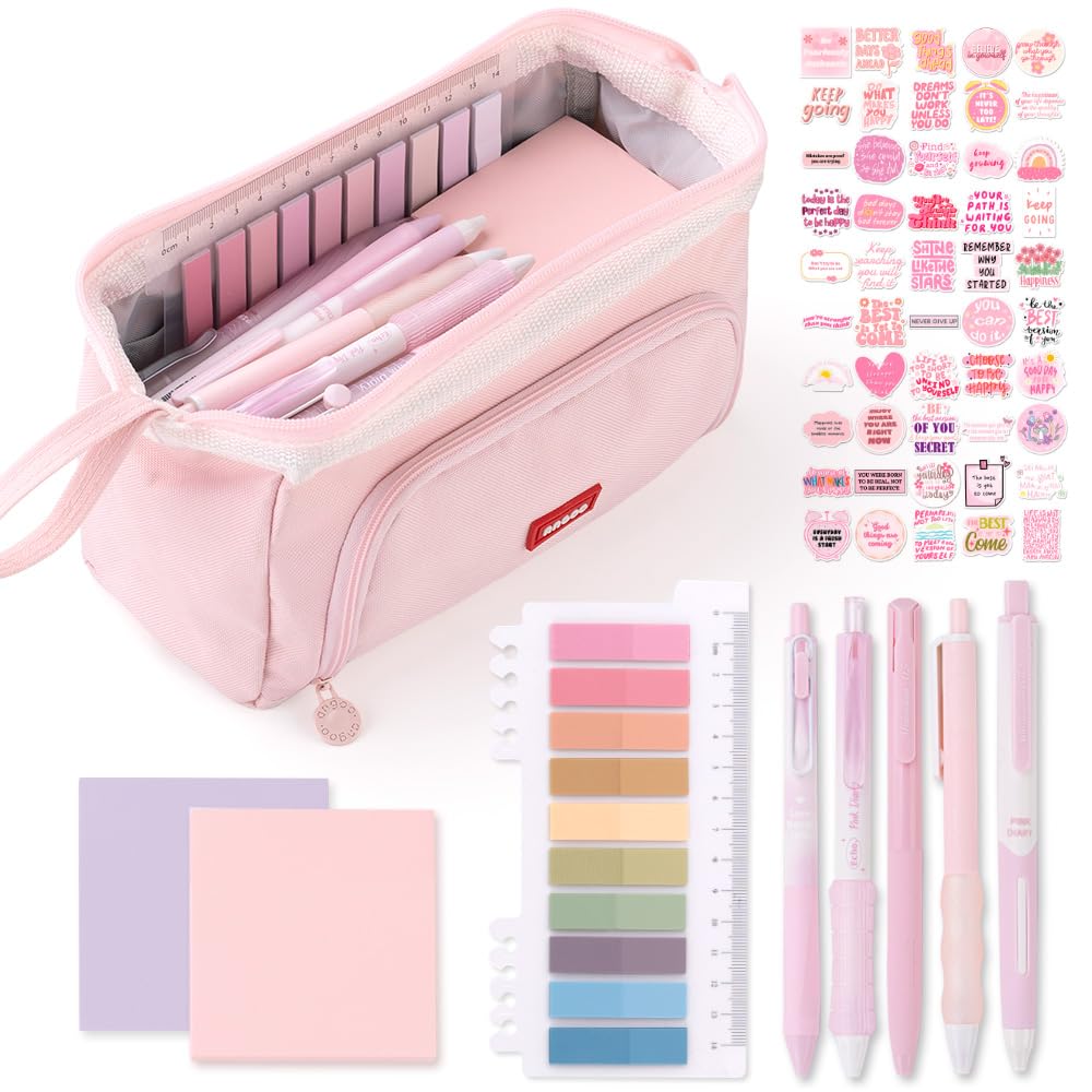 HVOMO Stationery Set,1 large-capacity pencil case,5 quick-drying pens,50 waterproof stickers,2 sticky note pads(200 sheets),1 set of 10-color index labels (200 sheets),Student stationery gift(Pink)