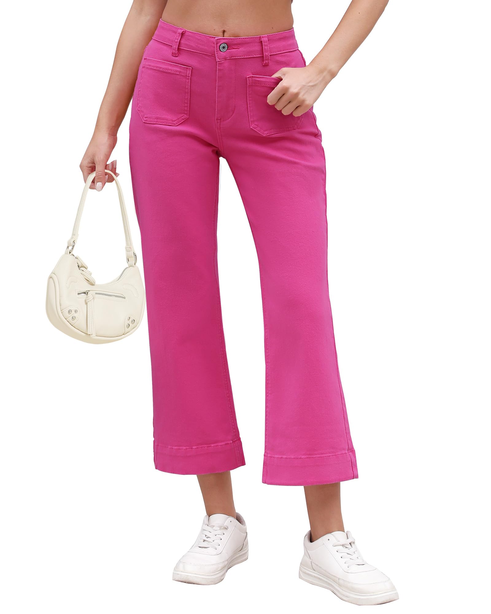 Wide Leg Jeans for Women High Waisted Trendy Front Patch Pocket Flare Cropped Jeans Stretchy Denim Jean Pants