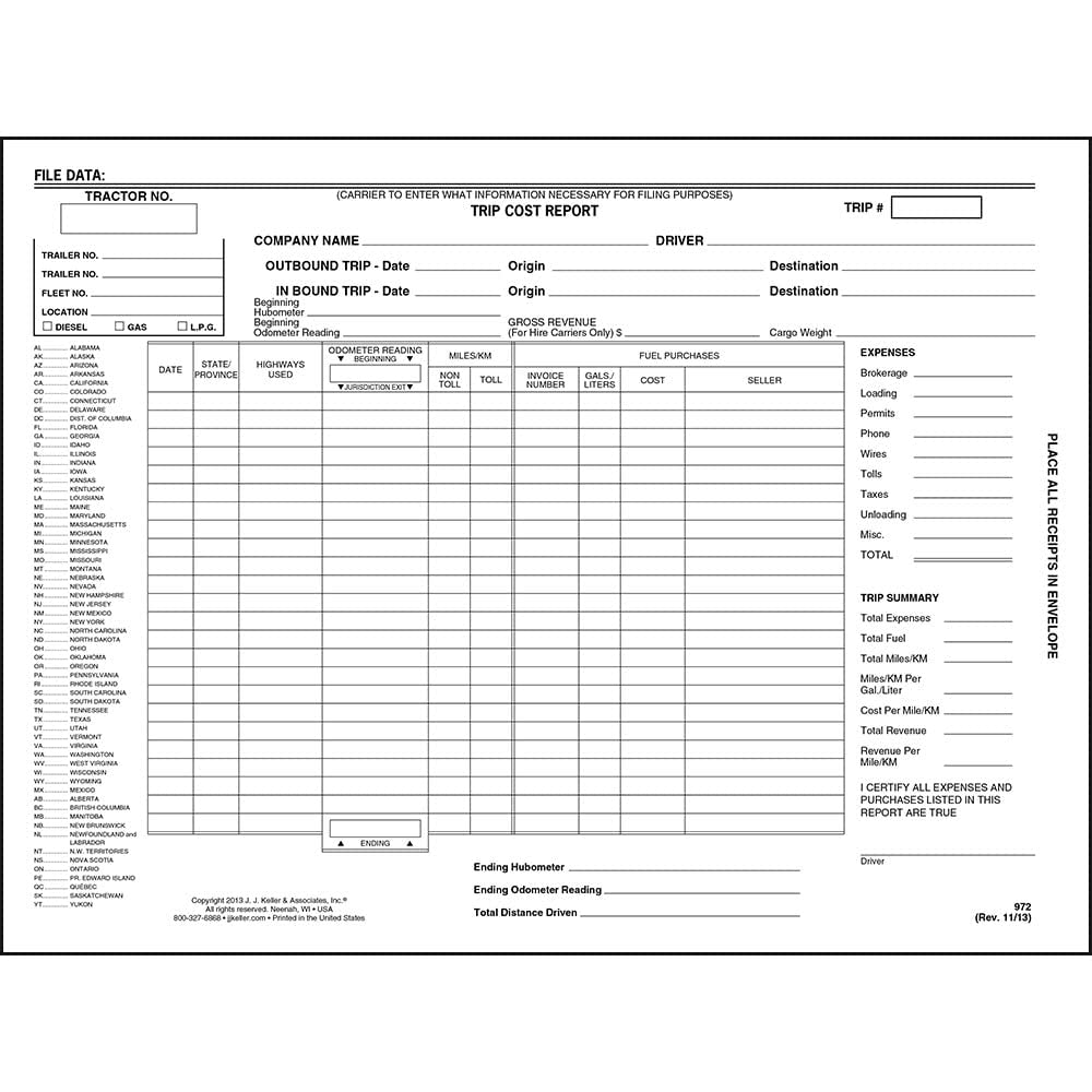 Trip Cost Report Envelope 25-pk. - Self-Contained, Simple, Side Opening, Printed on White Kraft Pape