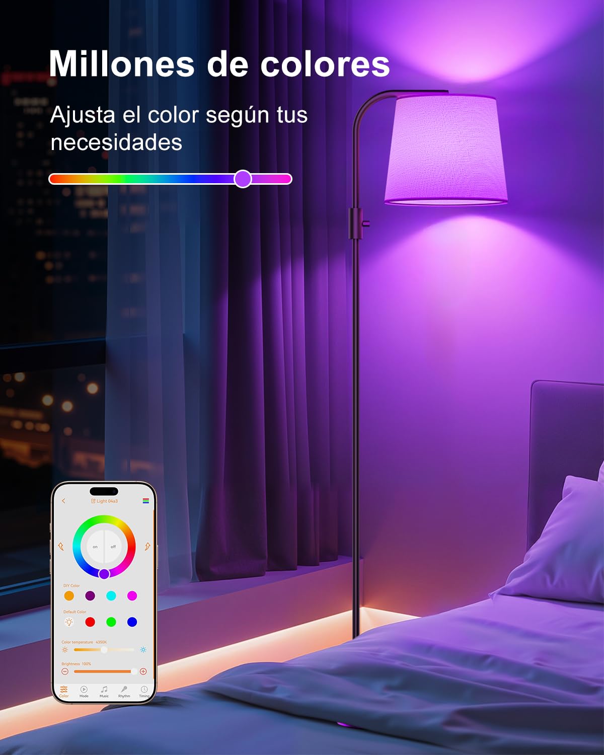 DUSKTEC Lámpara de Pie Arco Inteligente para Salón, Compatible con Alexa y App, Cambio de color RGB, Regulable 1%-100%, Blanco 2700K-6000K, Sincronización con Música,10W 1200LM, Pantalla de Lino 350°