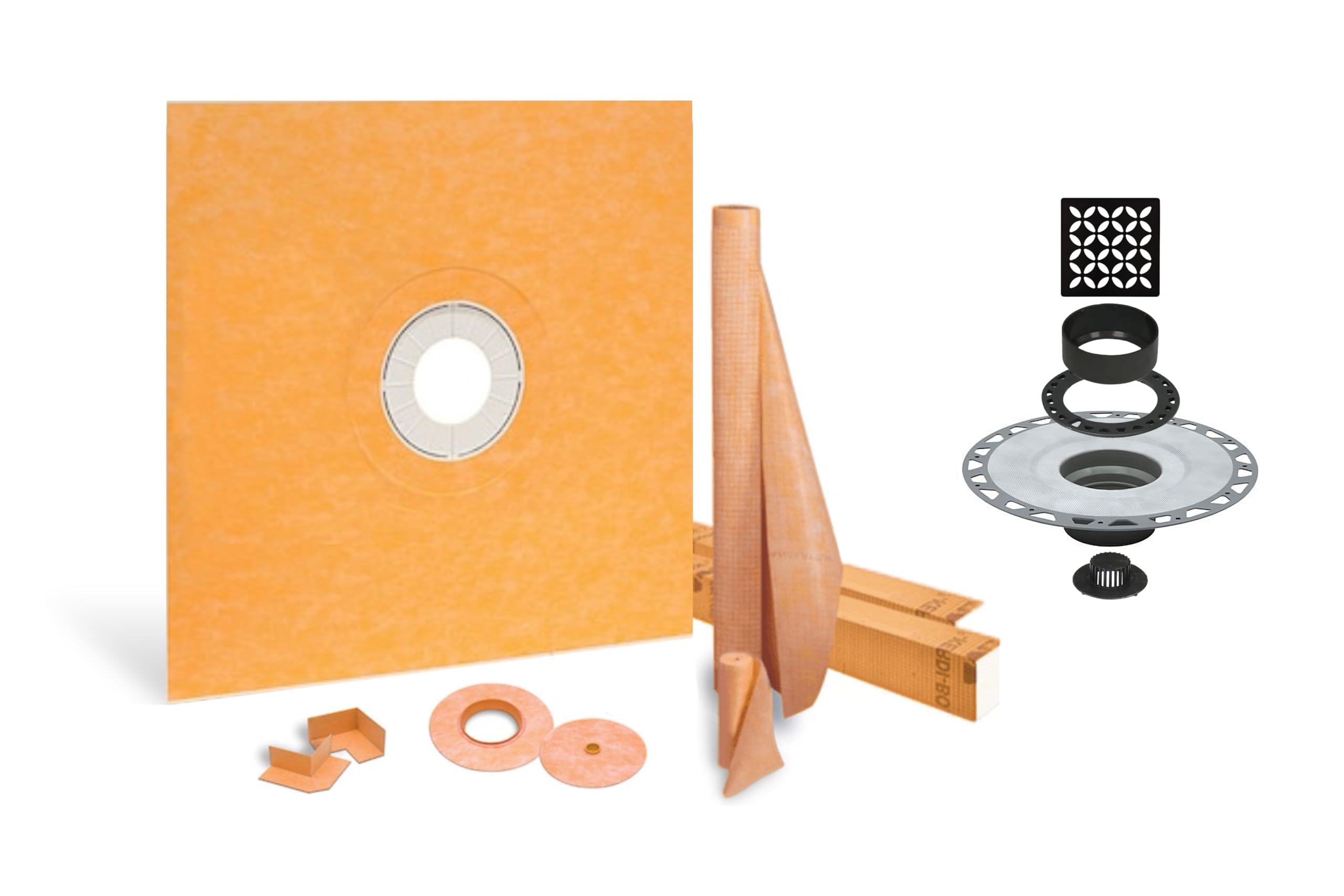 All-in-one Shower Kit: 60x60 Center Shower Pan (Tray), 2 inch PVC flange and 4 Inch Shower Drain Cover in Floral Design with Matte Black Finish (