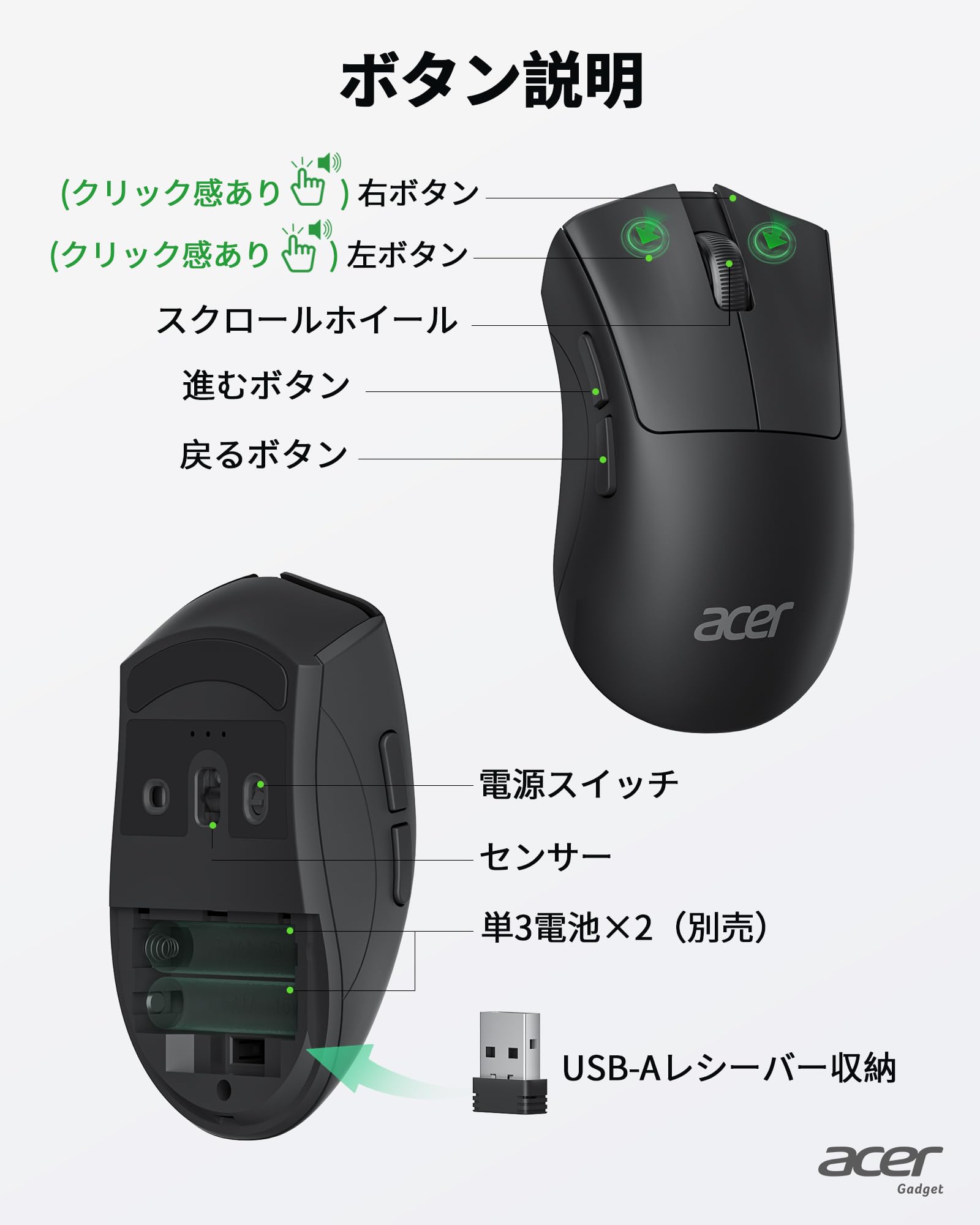 Acer Computer Wireless Mouse, 2.4GHz Mouse Wireless for Laptop with USB Receiver, Ergonomic USB Wireless Mouse, 1200 DPI Optical Tracking with 5 Buttons, MacBook Air/Pro, Acer, PC, Desktop