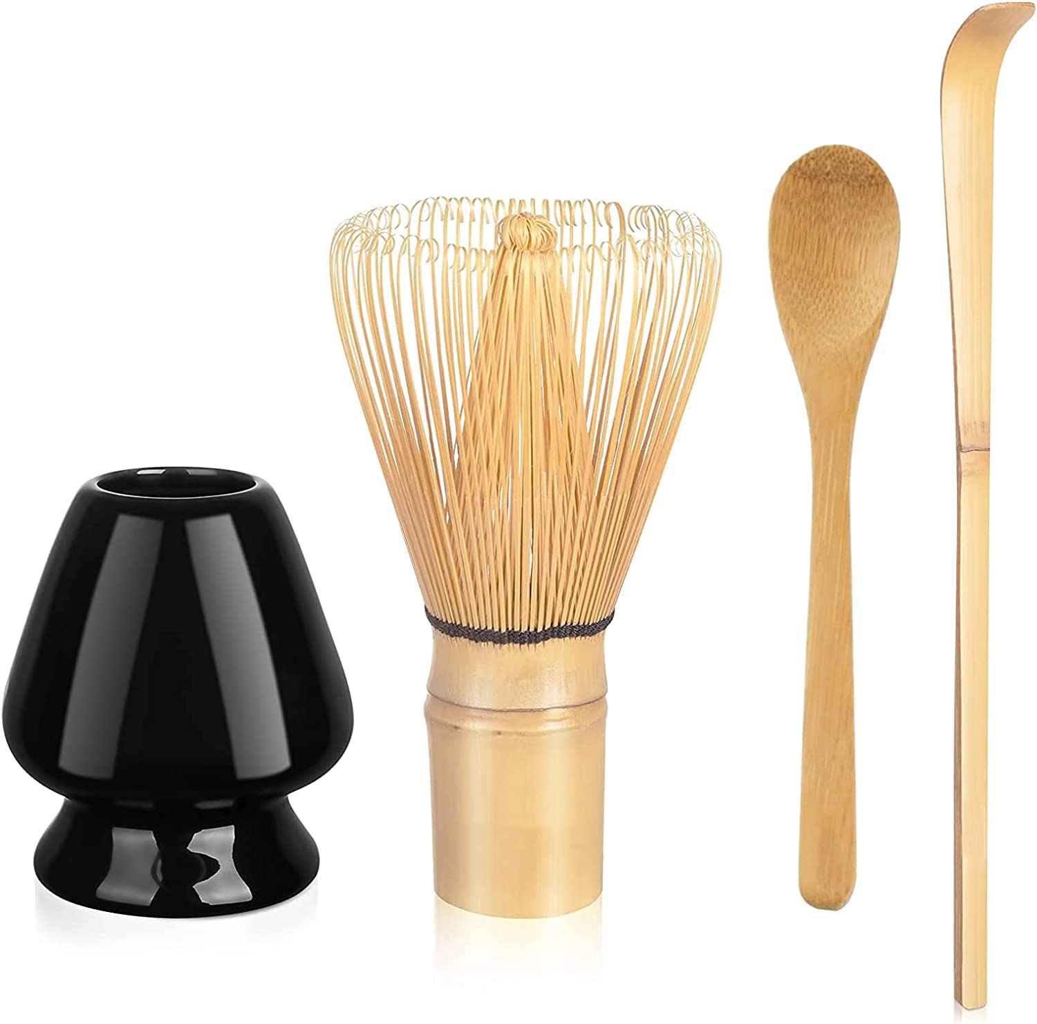 XLOT Matcha Whisk Set - Matcha Whisk (Chasen), Traditional Scoop (Chashaku), Tea Spoon, Whisk Holder - The Perfect Bamboo Matcha Kit to Prepare a Traditional Cup of Japanese Matcha Tea (Black)