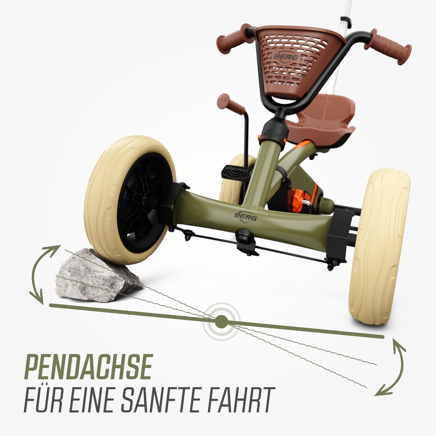 BERG Pedal-Gokart Buzzy 2-in-1 inkl. Schubstange | Gokart mit Freilauf | Tretfahrzeug für Kinder ab 2 Jahren | Kinderfahrzeug mit Handbremse und hohem Sicherheitsstandard | Retro Green