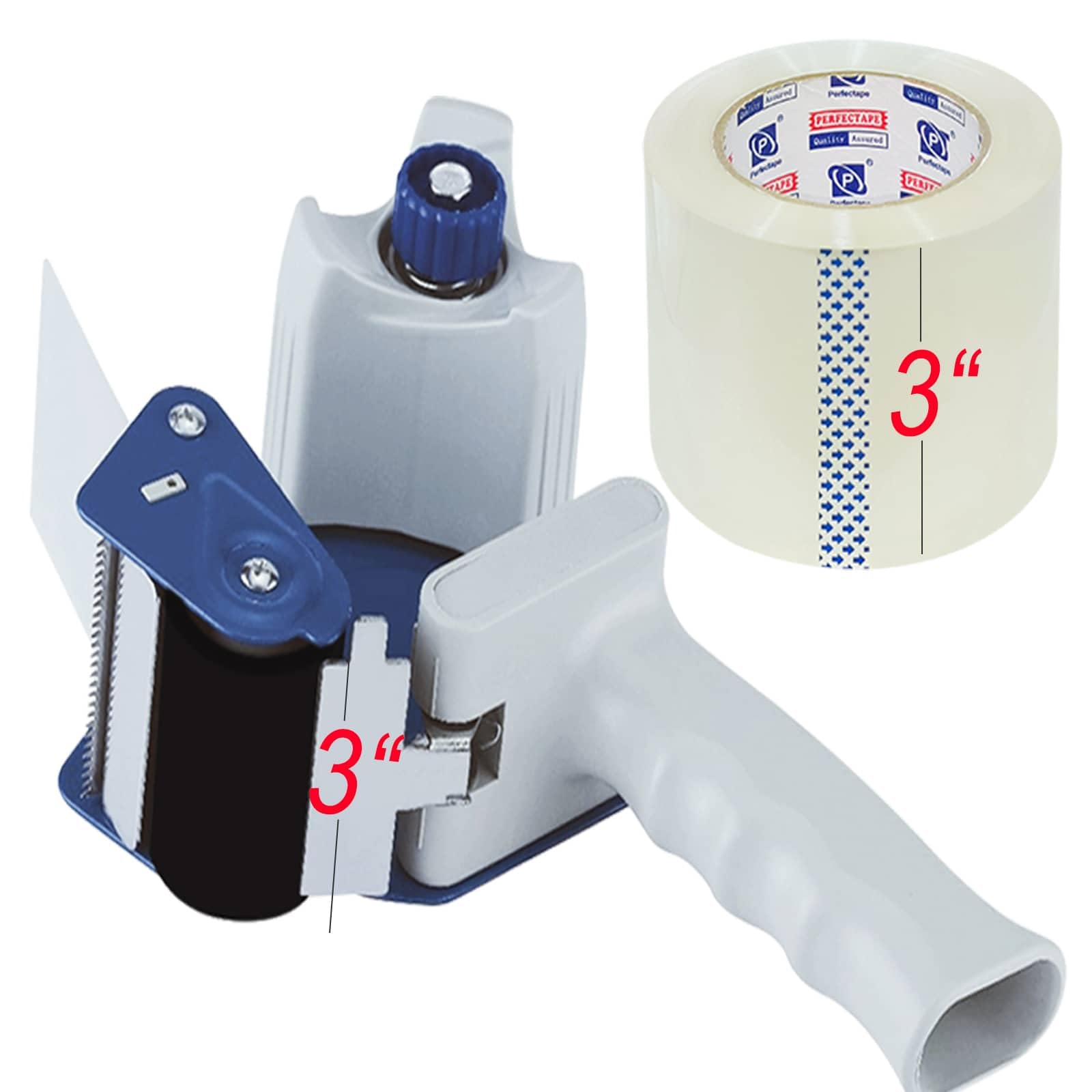 PERFECTAPE – Cinta de embalaje resistente de 3 pulgadas, 1 rollo con pistola de cinta de 3 pulgadas, transparente, 2.7 mil, 3 pulg