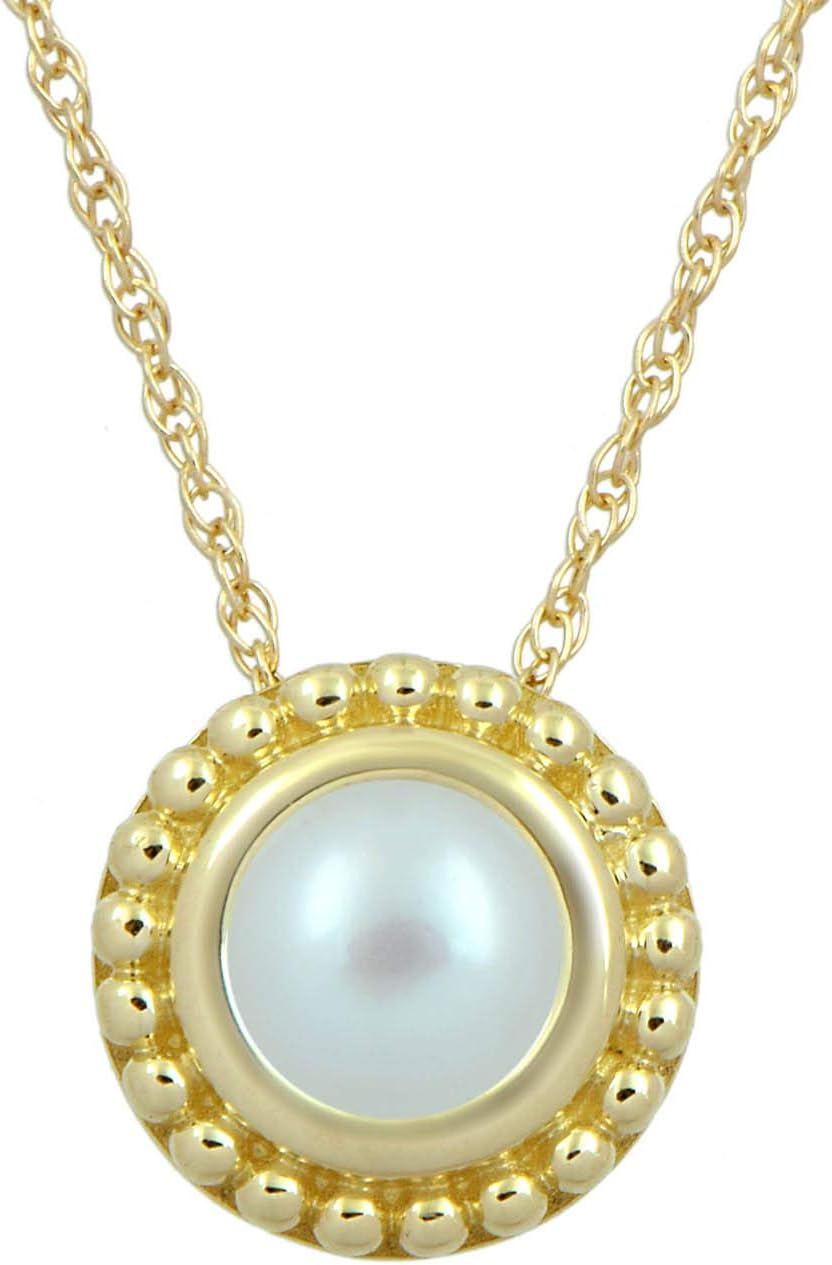 Jewelili 10K Yellow Gold 5 MM Round Button Pearl Pendant Necklace, 18" Rope Chain