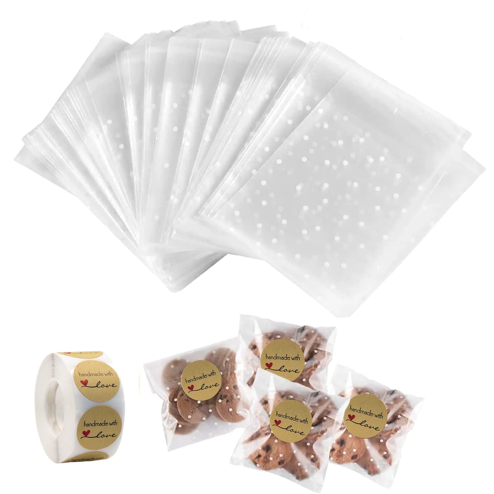 Eidoct Clear 200 Pcs Self Adhesive Cookie Bags, Cellophane Bags Self-Adhesive, Candy Bag Polka Dot Treat Bags With One Roll Of Stickers(500 Pcs), For Cookie Chocolates Biscuit Candy, 10×10 Cm